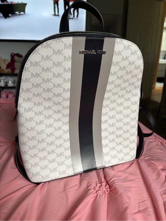 Michael Kors Handbags - Michael Kors White Backpack with Black and Gray Center Stripes
